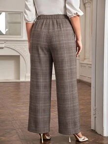 SHEIN LUNE Plus Size Women's Plaid Casual Versatile Daily Wear Long Pants - Brown - View 2