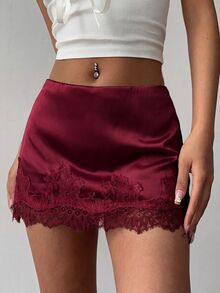 Aloruh Women's Elegant Low Waist Lace Patchwork Satin Fitted Pink Mini Skirt - Burgundy - View 1