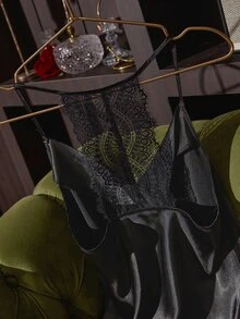 SilkySpell Black Cowl Neck Lace Patchwork Backless Camisole & Shorts Sexy Satin Sleepwear Set - Black - View 3