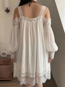 Dazy Plus Lace Patchwork Spaghetti Strap Cold Shoulder Short Dress Sexy Elegant Outfit Nightgown - White - View 2