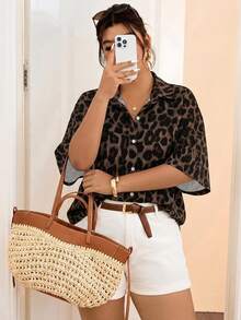 Lounesse Brown Leopard Print Plus Size Shirt Suitable For Office Commute - Multicolor - View 3