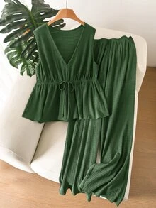 CosyJoli Plus Size Casual Vacation Striped Sleeveless A-Line Doll Shirt And Straight Leg Casual Pants 2 Pieces Set - Green - View 1