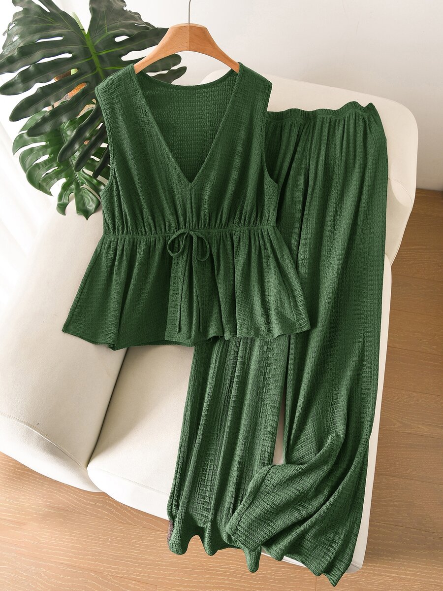 CosyJoli Plus Size Casual Vacation Striped Sleeveless A-Line Doll Shirt And Straight Leg Casual Pants 2 Pieces Set - Green - View 1