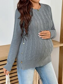 SHEIN Sweater Kasual Rajut Kabel Lengan Panjang Leher Bulat Kancing Tunggal Samping untuk Ibu Hamil - Grey - View 3