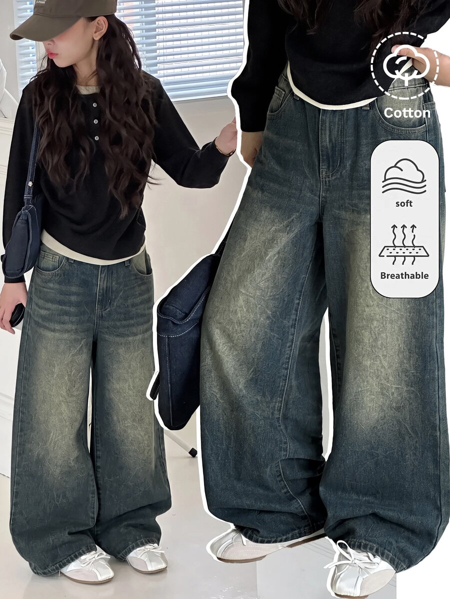 SHEIN Tween Girl Frayed Hem Star Vintage Retro Blue Denim Loose Fit Long Pants - Medium Wash - View 1