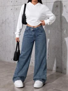SHEIN 青少年女孩秋冬保暖藍色牛仔寬鬆長褲 刷毛內裡 2026秋冬款 可愛Y2K 百搭 萬聖節新年 - 中等水洗藍 - 查看 3
