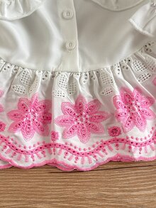 SHEIN Playful Pals 女嬰可愛娃娃風大領口前開扣刺繡下擺鬆緊腰刺繡袖口長袖長褲套裝，春秋款 - 粉色 - 查看 7