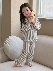DAZY 女嬰韓式條紋領襯衫與條紋寬鬆休閒長褲 2 件套居家服 - 黑與白 - 查看 6