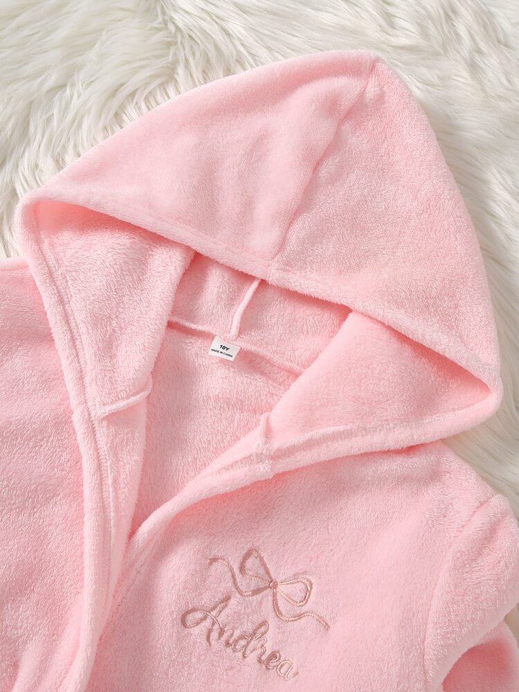 Girls' Sweet Cute Elegant Casual Daily Comfortable Soft Skin-Friendly Thick Plush Fabric Pink Solid Color Bow Embroidery Hooded Robe Cardigan Loungewear Pajamas - Pink - View 8