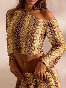 Opulessa Women's Sexy Jacquard Asymmetric Neck Cropped Top And Long Pants 2 Pieces Set - Yellow - View 2