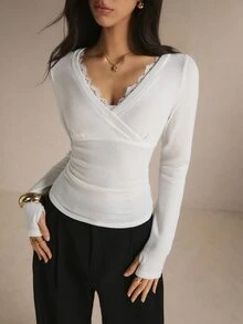 Poéselle Women's Elegant Solid Color Lace Trim T-Shirt, Autumn - White - View 1
