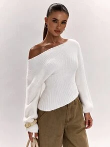 SHEIN BAE 韓系時尚百搭休閒度假風軟針織不對稱露肩毛衣，秋冬通勤新款 - 白色 - 查看 5