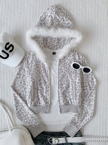 Comfortcana Sweatshirt Wanita Warna Terang Motif Leopard dengan Kerah Bulu dan Resleting - MultiWarna - View 7