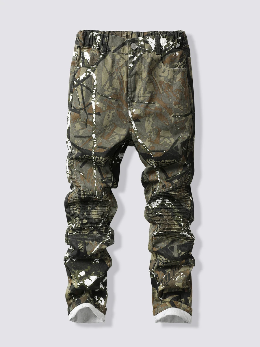 SHEIN Boys' Branch Camo Patchwork Front Cuffed Washed Denim Jeans, Fashion Casual Streetwear Style For School And Outings - Army Green - View 1