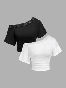 Sweetra Women's 2 Pieces Top Set, Asymmetrical Shoulder Neckline, Lace Patchwork, Slimming, Elegant, Vacation Style - Black - View 1