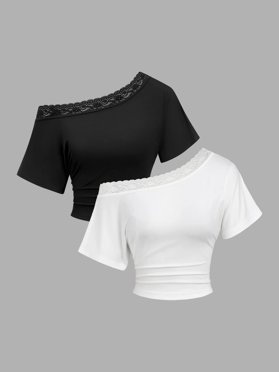 Sweetra Women's 2 Pieces Top Set, Asymmetrical Shoulder Neckline, Lace Patchwork, Slimming, Elegant, Vacation Style - Black - View 1