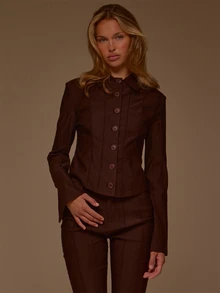 MUSERA Collared Button Down Seam Detail Cinched Waist Curved Hem Coord Shirt Fall Autumn Winter Cute Office Daily Butter Tailoring - Brown - View 1