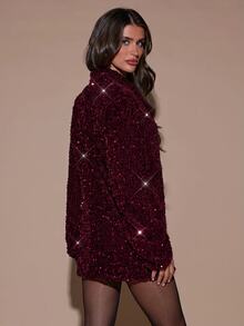 SHEIN BAE Blazer Payet Elegan untuk Pesta Musim Gugur/Musim Dingin - Burgundy - View 2