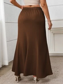 Vionelle 大尺碼女款優雅休閒通勤度假純色不對稱開衩A字中長裙，春夏款 - 鏽棕色 - 查看 2