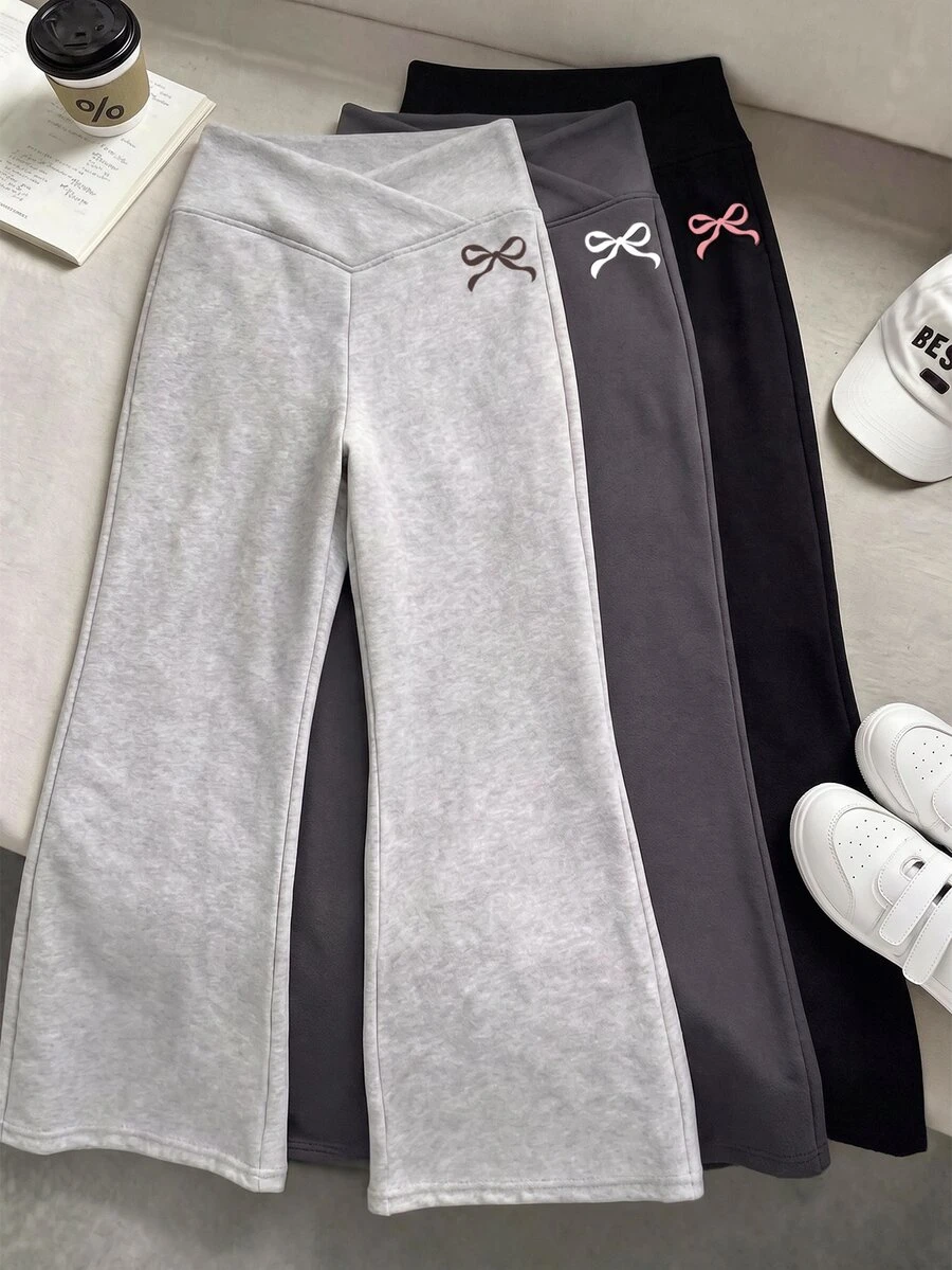 Tween Girls Long Pants, Casual Minimalist Bow Element, Suitable For All Seasons - Black - View 1