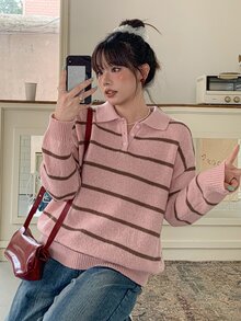 Dazy Plus Sweater Pullover Longgar Kasual dengan Motif Patchwork Blok Warna untuk Musim Gugur/Dingin - Berwarna merah muda - View 6