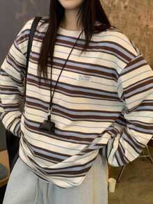 Dazy Plus Korean Style Loose Fit Casual Striped T-Shirt For Girls - Brown - View 3
