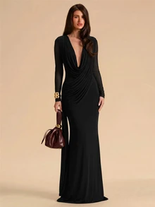 SHEIN BAE Women's Elegant Party Solid Color Wrap Mermaid Dress - Black - View 3
