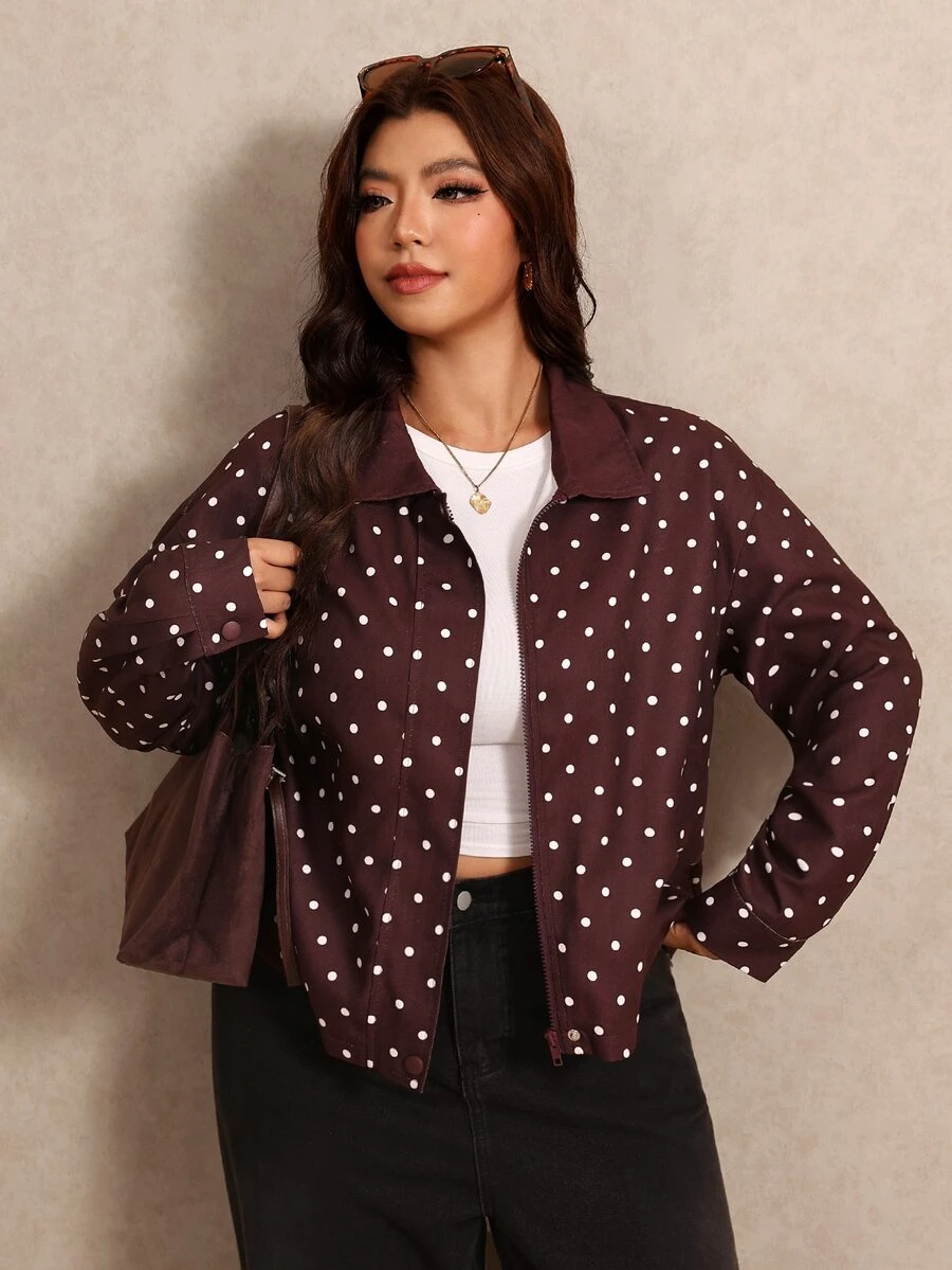 Elaquor Plus Size French Style Versatile Polka Dot Print Long Sleeve Jacket