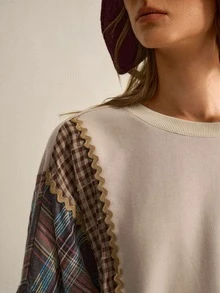 SHEIN Sweatshirt Patchwork Kotak-kotak Bergelombang Warna Aprikot | Kain Katun Nyaman | Model Longgar Vintage | Pakaian untuk Perjalanan Sehari-hari - Coklat - View 7