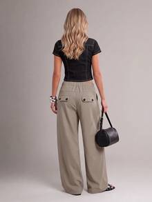 Avantive Women's Solid Color Pocket Wide Leg Loose Casual Suit Pants - Khaki - View 2