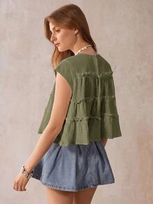 Wildy Gaya BOHO Cottagecore Kasual Gaya Pedesaan Amerika Longgar Hijau Sage Lengan Pendek Musim Panas Piknik Brunch - Hijau Tentara - View 3