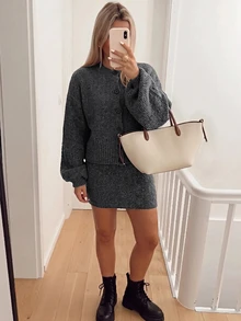 Lavishia Women's Elegant Round Neck Lantern Sleeve Cardigan And Skirt Sweater 2 Pieces Set - Dark Grey - View 6