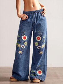 Bohemela Celana Jeans Denim Wanita Ukuran Besar Model Longgar dengan Kaki Lebar dan Bordir Bunga, Dilengkapi Tali Serut dan Karet Pinggang. - Medium Wash - View 7