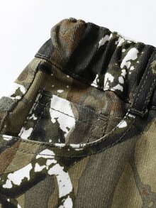 SHEIN Boys' Branch Camo Patchwork Front Cuffed Washed Denim Jeans, Fashion Casual Streetwear Style For School And Outings - Army Green - View 4