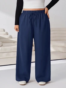 Solflare Casual Versatile Solid Color Loose Plus Size Pants - Navy Blue - View 3