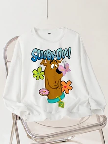 SCOOBY-DOO X SHEIN 大尺碼女款圓領字母卡通印花休閒日常衛衣 秋季 - 白色 - 查看 1