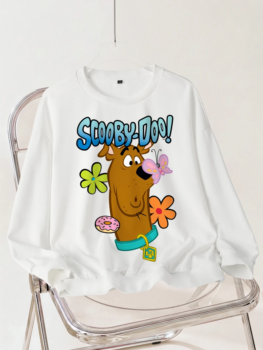 SCOOBY-DOO X SHEIN 大尺碼女款圓領字母卡通印花休閒日常衛衣 秋季 - 白色 - 查看 1