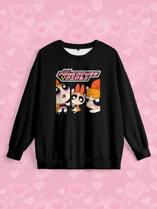 THE POWERPUFF GIRLS X SHEIN كنزة رياضية كاجوال يومية للنساء بمقاسات كبيرة، بياقة طاقم وطباعة حروف كرتونية، للخريف - أبيض - مشاهدة 6