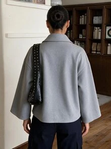 SHEIN Struktiv New Casual Minimalist Lapel Double-Breasted Drop Shoulder Faux Pocket Cropped Wool Jacket For Women's Daily Commute - Grey - View 2