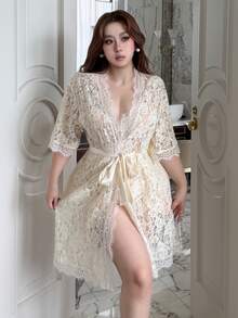 Dazy Plus Romantisk semesterstil spets halvt genomskinlig sexig vår sommar höst loungewear-morgonrock - Beige - Visa 1