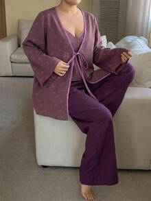 Dazy Plus 3件組拼色花卉細肩帶開襟上衣與長褲居家服套裝，春夏秋睡衣套裝 - 紫羅蘭色 - 查看 4