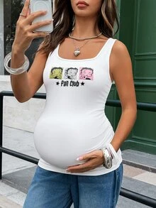 Lyckli Betty Boop x SHEIN Maternity Letter Cartoon Print Square Neck Casual Tank Top - White - View 6