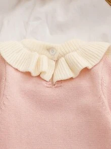 SHEIN 女嬰針織毛衣連身衣，嬰兒套頭圓領長袖毛衣連身褲，舒適適合秋冬，麻花編織設計，時尚俏皮，優雅精緻，淑女風，粉紅色，日常穿著，百搭 - 淺粉色 - 查看 5