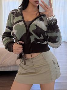 DAZY Autumn/Winter Green & Brown Camouflage Pattern Hooded Short Knit Cardigan, Casual Street Style Cool Chic Women's Sweater - Green - View 12