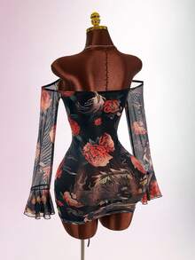 Amplova Women's Long Sleeve Mesh Mini Dress With Tattoo Pattern, Snake Skin & Rose Patchwork, Vintage Sexy Style - Black - View 1