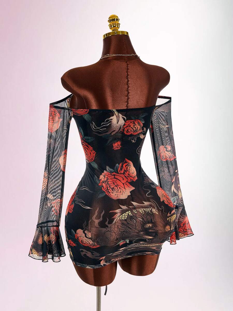 Amplova Women's Long Sleeve Mesh Mini Dress With Tattoo Pattern, Snake Skin & Rose Patchwork, Vintage Sexy Style - Black - View 1