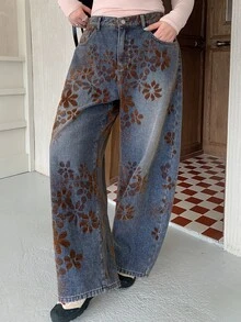 Dazy Plus Vintage Denim Flocked Heavy-Duty Loose Casual Curved Leg Long Jeans, Spring Autumn All-Season - Medium Wash - View 3