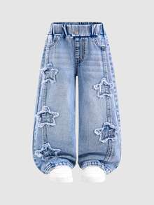 SHEIN Young Girl Denim Summer Jeans, Light Blue Washed, Star Patchwork Embroidery Design, Super Cool Versatile Straight Leg Denim Pants - Light Wash - View 1