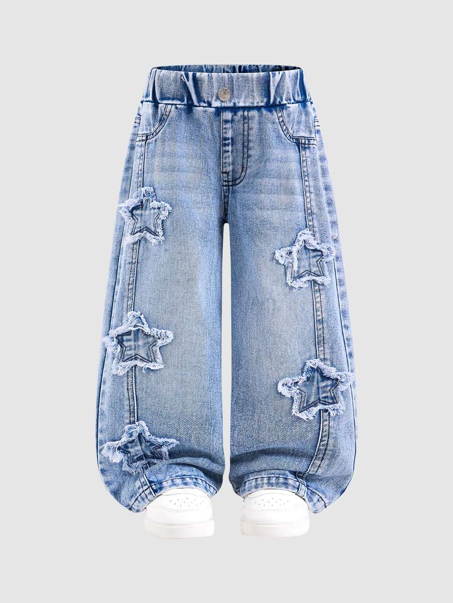 SHEIN Young Girl Denim Summer Jeans, Light Blue Washed, Star Patchwork Embroidery Design, Super Cool Versatile Straight Leg Denim Pants - Light Wash - View 1
