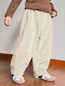SHEIN 青少年男孩休閒運動學院風燈芯絨長褲，寬鬆直筒褲，基礎下身褲，Y2K風格，適合春夏秋季，情人節、旅行、度假、家庭聚會、開學季、婚禮季、晚宴、運動、生日派對 - 杏色 - 查看 2